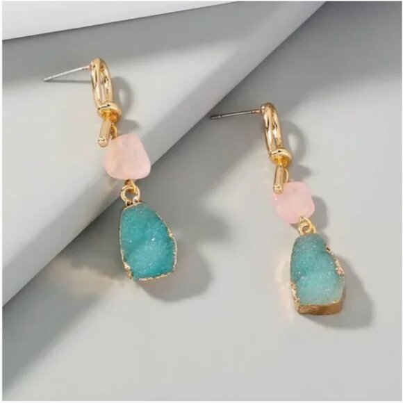 ⭐️❤️ FREE Stone Geo Geode Faux Hipster Hippie Art Deco Farm Boho Drop Earrings - Picture 4 of 8